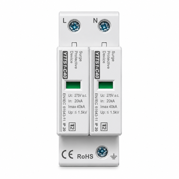 1 Descarcator supratensiune AC 1P+N, SPD tip 2, monofazat, 20KA - 40 KA, raspuns ≤25ns, Uc 275V