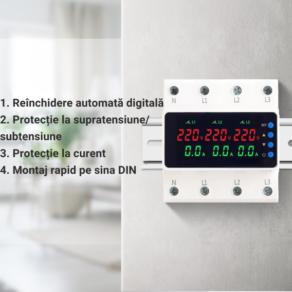 1. Reînchidere automată digitală 2. Protecție la supratensiunesubtensiune 3. Protecție la curent insuficient 4. Logo personalizat Releu de protectie trifazat 3P+N NOENNO, afisaj digital color, supratensiune/ subtensiune/ supracurent, 63A