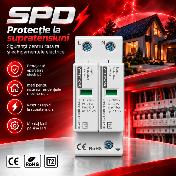 10 Descarcator supratensiune AC 1P+N, SPD tip 2, monofazat, 20KA - 40 KA, raspuns ≤25ns, Uc 275V