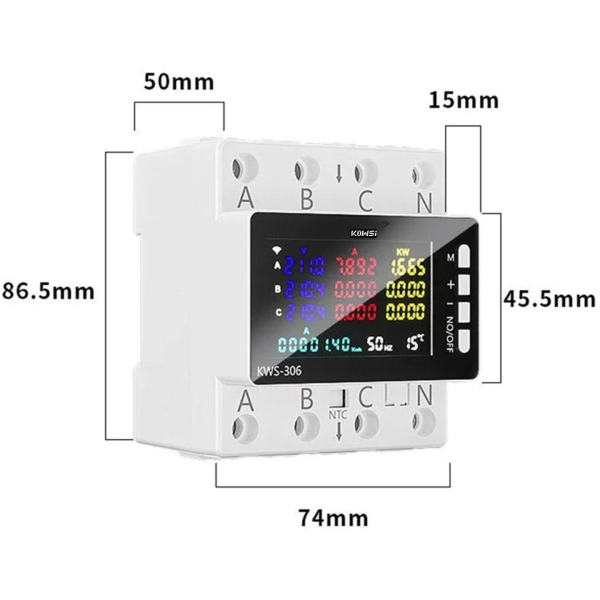 Releu trifazat smart de protectie supratensiune, suprasarcina si supracurent 3P+N, digital si – imagine 3 Releu trifazat smart de protectie supratensiune, suprasarcina si supracurent 3P+N, digital si color, senzor temperatura, recuperare manuala, 1-80A