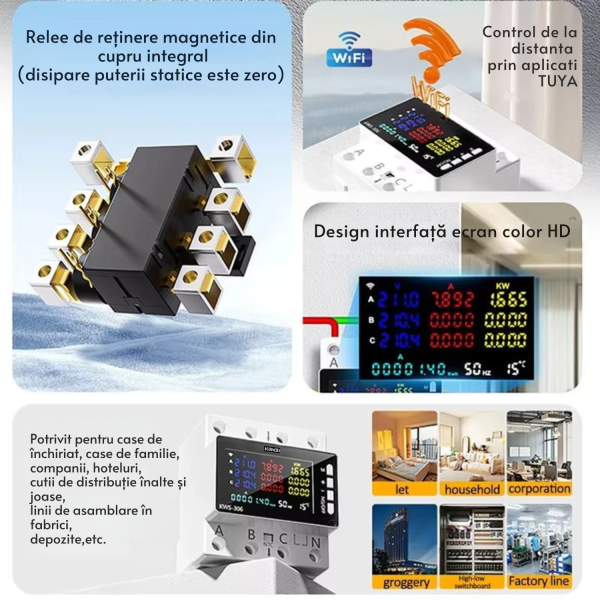 Releu trifazat smart de protectie supratensiune, suprasarcina si supracurent 3P+N, digital si – imagine 4 Releu trifazat smart de protectie supratensiune, suprasarcina si supracurent 3P+N, digital si color, senzor temperatura, recuperare manuala, 1-80A