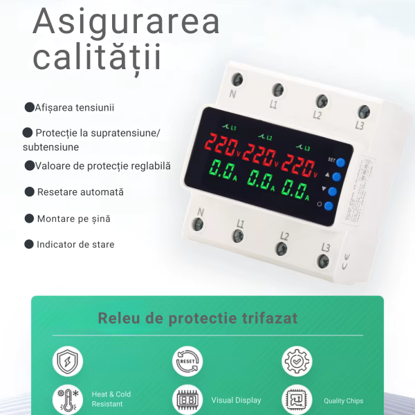 Releu de protectie trifazat 3P+N NOENNO, afisaj digital color, supratensiune/ subtensiune/ supracurent, – imagine 3 Releu de protectie trifazat 3P+N NOENNO, afisaj digital color, supratensiune/ subtensiune/ supracurent, 63A