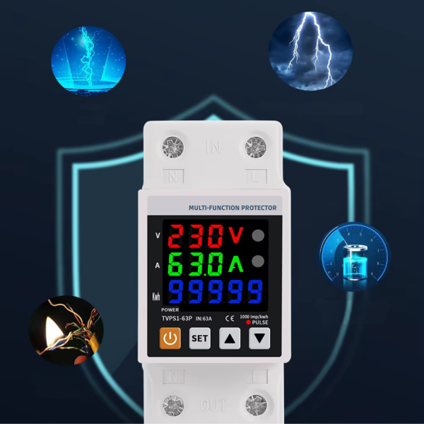 Releu protector inteligent tensiune si curent cu contor energie kWh NOENNO, reglabil – imagine 3 Releu protector inteligent tensiune si curent cu contor energie kWh NOENNO, reglabil 63A, afisaj digital