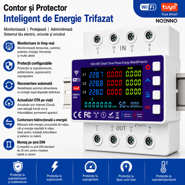 Releu trifazat smart de protectie bidirectional, supratensiune, suprasarcina si supracurent 3P+N, NOENNO, – imagine 2 Releu trifazat smart de protectie bidirectional, supratensiune, suprasarcina si supracurent 3P+N, NOENNO, SINCRON/ASINCRON, digital si color, recuperare automata, 1-100A