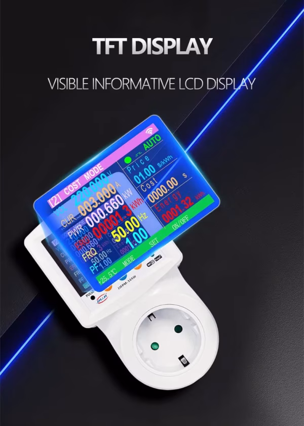 Priza inteligenta WIFI, tip contor, programabila, afisaj color, V/ A/ KW/ Kwh, – imagine 2 Priza inteligenta WIFI, tip contor, programabila, afisaj color, V/ A/ KW/ Kwh, setare cost energie, protectie supra/ subtensiune, supracurent, TUYA