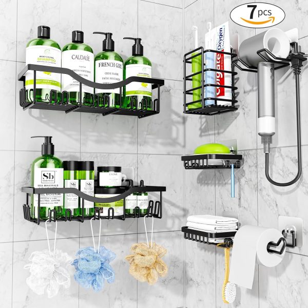 Etajera pentru baie si dus, Noenno, set 7 piese din otel inoxidabil, – imagine 2 Etajera pentru baie si dus, Noenno, set 7 piese din otel inoxidabil, cu capacitate mare, pentru depozitare si organizarea, Negru