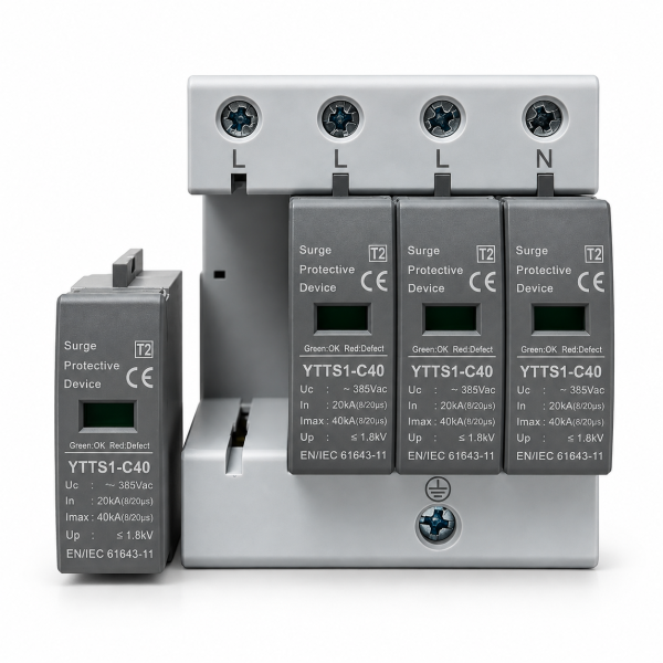7 Descarcator supratensiune AC 3P+N, SPD tip 2, trifazat, 20KA - 40 KA, raspuns ≤25ns