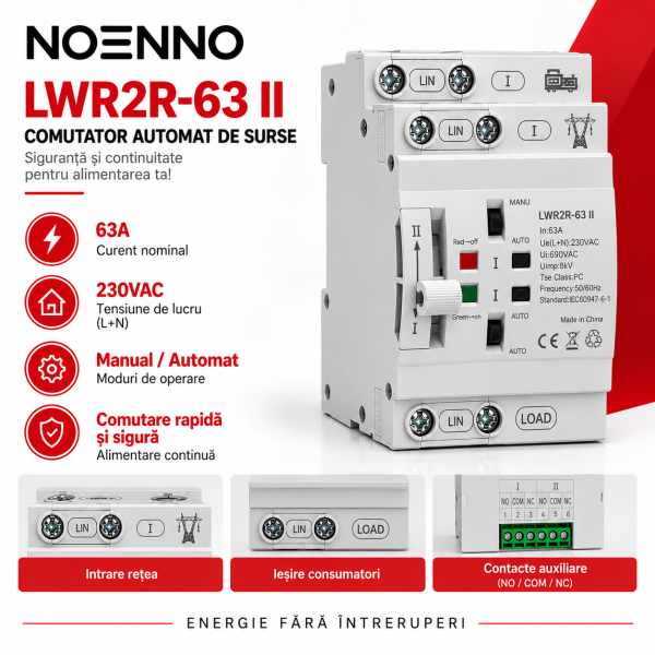 8 Comutator de Transfer Automat ATS 2P, retea-sursa auxiliara, monofazat, Clasa PC, 63A