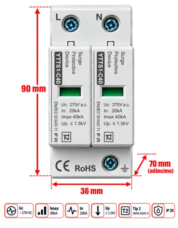 8 Descarcator supratensiune AC 1P+N, SPD tip 2, monofazat, 20KA - 40 KA, raspuns ≤25ns, Uc 275V
