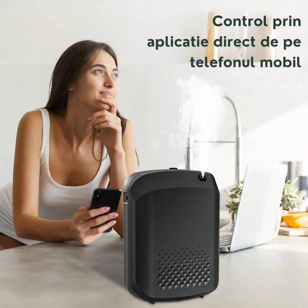 Difuzor profesional de parfum pe baza de ulei esential, odorizant cu rezervor de 400ml, aplicatie prin bluetooth, negru