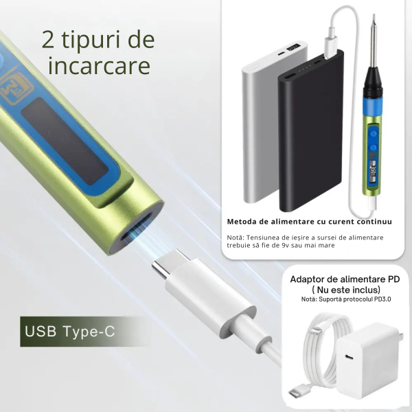 Pistol de lipit portabil, 3 capete de lipit, temperatura ajustabila 180°-450°, voltaj reglabil, display OLED, putere 65 W, Verde