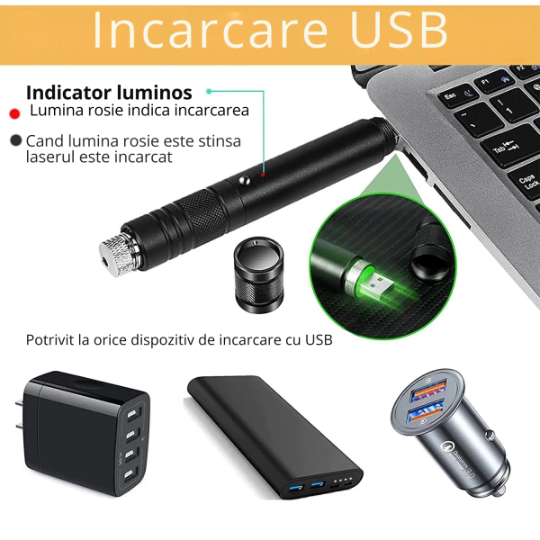 Jucarie interactiva pentru animale, laser pointer, lumina rosie, design portabil, USB, otel inoxidabil, negru