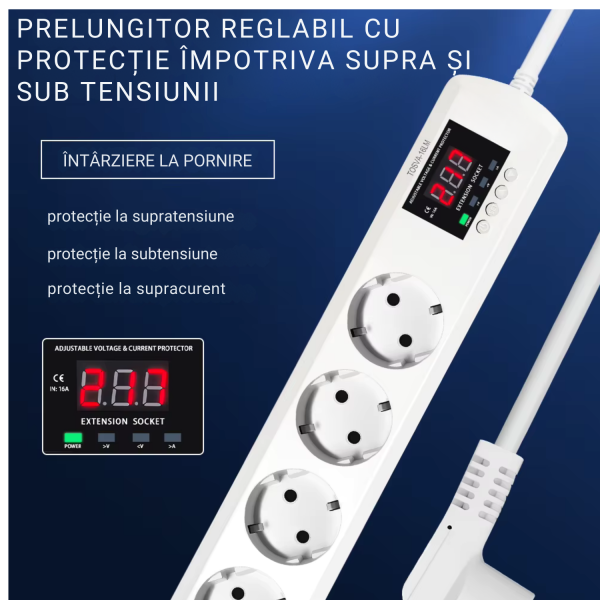 Prelungitor cu protectie tensiune si curent reglabil NOENNO, 16A, 3200W, afisaj digital, protectie completa