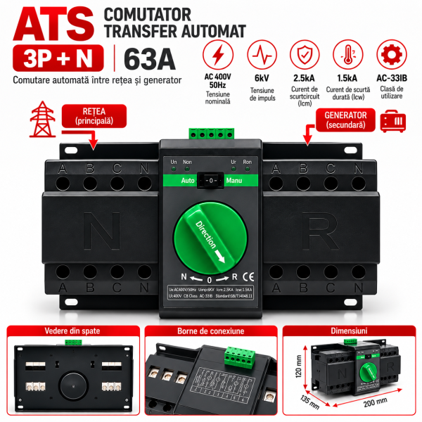ATS Comutator Transfer Automat 3P+N Comutator de transfer automat trifazic 4P retea sau sursa auxiliara ATS clasa PC 220V 63A negru