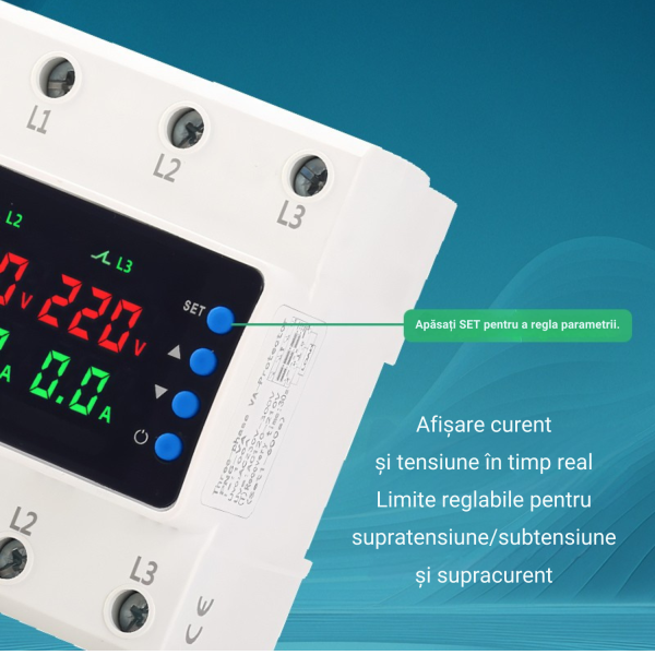 Apăsați SET pentru a regla parametrii. Releu de protectie trifazat 3P+N NOENNO, afisaj digital color, supratensiune/ subtensiune/ supracurent, 63A