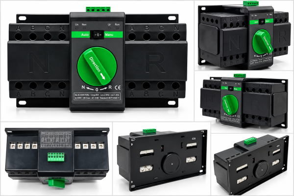 Black Electrical Transfer Switch Product Collage Comutator de transfer automat trifazic 4P retea sau sursa auxiliara ATS clasa PC 220V 63A negru