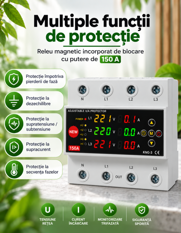 ChatGPT Image 25 sept. 2026, 10_35_02 Releu de protectie trifazat 150A, supratensiune, subtensiune, supracurent, afisaj color digital, NOENNO