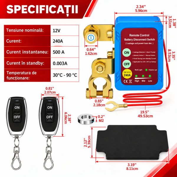 Intrerupator baterie auto cu telecomanda NOENNO, disjunctor antifurt 12V/24V, pana la 240A, control din telecomanda ON/OFF