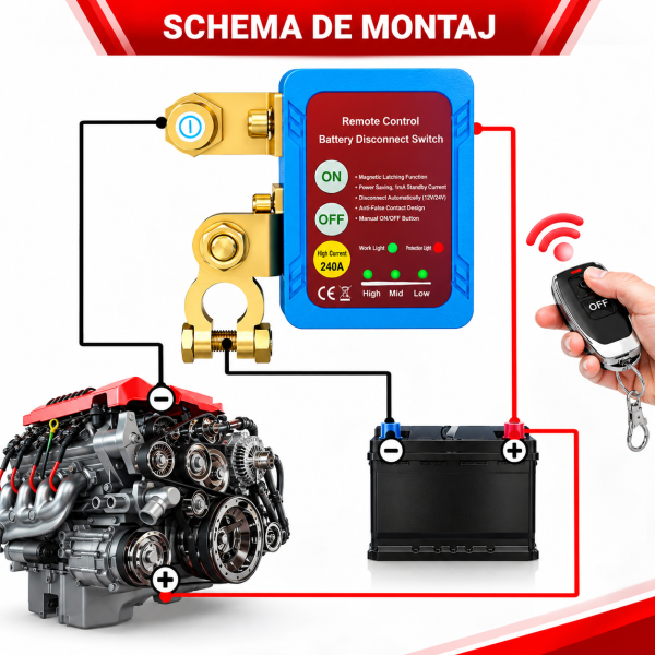 Intrerupator baterie auto cu telecomanda NOENNO, disjunctor antifurt 12V/24V, pana la 240A, control din telecomanda ON/OFF