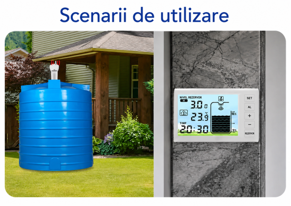 Senzor nivel apa cu ultrasunete, masurare lichid pana la 5 metri, transmitere wifi 433, ecran monitorizare
