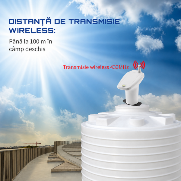 Senzor nivel apa cu ultrasunete, masurare lichid pana la 5 metri, transmitere wifi 433, ecran monitorizare