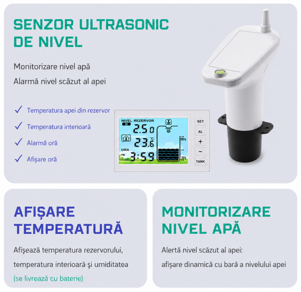Senzor nivel apa cu ultrasunete, masurare lichid pana la 5 metri, transmitere wifi 433, ecran monitorizare