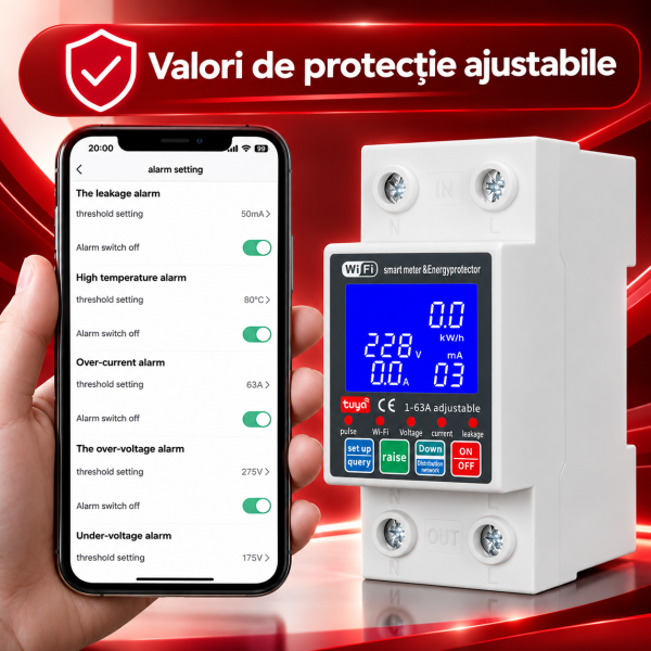 ChatGPT Image Sep 26, 2026, 03_26_56 PM Contor de energie bidirectional Tuya, Smart meter, releu de protectie supra/ subtensiune, intarziere la pornire, protectie scurgeri tensiune reglabil 1-63A monitor energie, panouri fotovoltaice