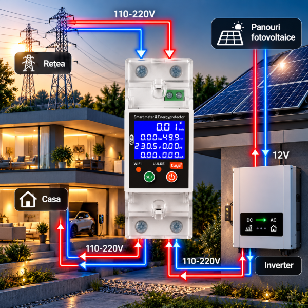 ChatGPT Image Sep 26, 2026, 05_30_39 PM Releu smart bidirectional NOENNO, 1-80A, protecție supra/subtensiune, automatizare panouri fotovoltaice