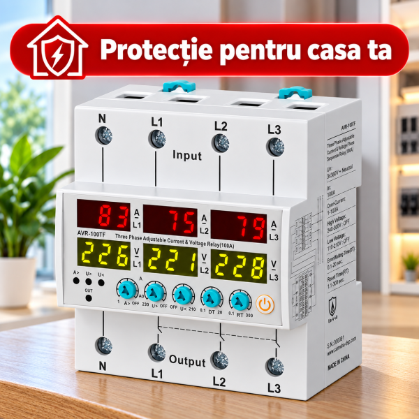 ChatGPT Image Sep 26, 2026, 06_20_03 PM Releu trifazat de protectie supratensiune, suprasarcina si supracurent 3P+N, reglabil si digital, recuperare automata, 1-100A