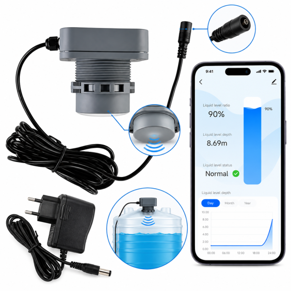 ChatGPT Image Sep 27, 2026, 08_07_19 AM Senzor nivel apa inteligent Tuya cu ultrasunete, wifi, masurare lichid pana la 8 metri, automatizare pompe