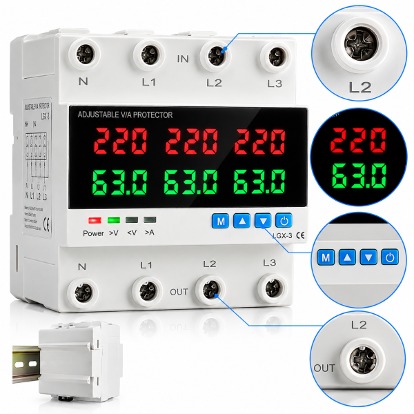 ChatGPT Image Sep 27, 2026, 08_38_18 AM Releu trifazat de protectie supratensiune, subtensiune si suprasarcina, Noenno, reglabil si digital cu recuperare automata, 3P+N, 3x230V, 100A