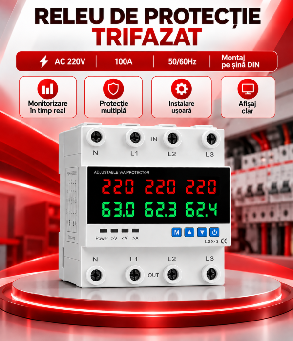 ChatGPT Image Sep 27, 2026, 08_49_00 AM Releu trifazat de protectie supratensiune, subtensiune si suprasarcina, Noenno, reglabil si digital cu recuperare automata, 3P+N, 3x230V, 100A