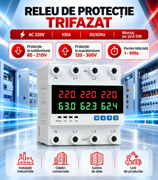 ChatGPT Image Sep 27, 2026, 08_49_56 AM Releu trifazat de protectie supratensiune, subtensiune si suprasarcina, Noenno, reglabil si digital cu recuperare automata, 3P+N, 3x230V, 100A