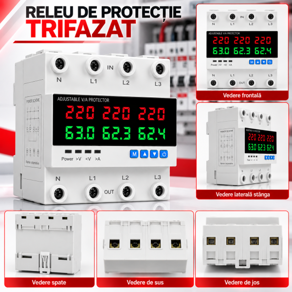 ChatGPT Image Sep 27, 2026, 09_01_26 AM Releu trifazat de protectie supratensiune, subtensiune si suprasarcina, Noenno, reglabil si digital cu recuperare automata, 3P+N, 3x230V, 100A