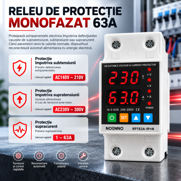 ChatGPT Image Sep 28, 2026, 05_38_03 PM Releu digital de protectie tensiune monofazic 230v, reglabil si digital, recuperare automata, 1-63A