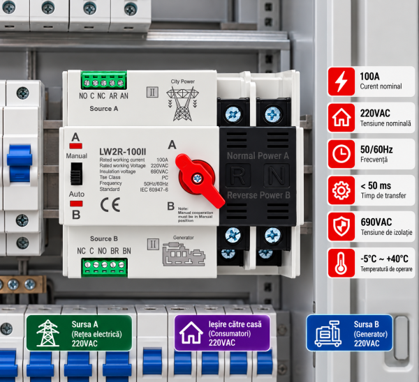 Comutator automat într-un tablou electric Comutator de transfer automat, monofazat, pentru retea-generator, ATS 1P+N, 100A