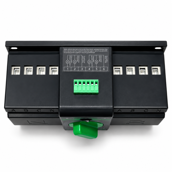 Comutator automat negru cu conector verde Comutator de transfer automat trifazic 4P retea sau sursa auxiliara ATS clasa PC 220V 63A negru