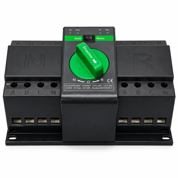 Comutator automat negru-verde pe fundal alb Comutator de transfer automat trifazic 4P retea sau sursa auxiliara ATS clasa PC 220V 63A negru