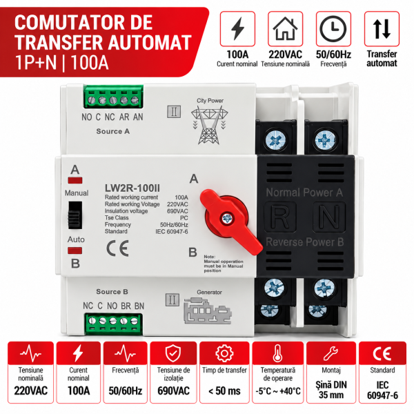 Comutator de transfer automat 1P+N Comutator de transfer automat, monofazat, pentru retea-generator, ATS 1P+N, 100A