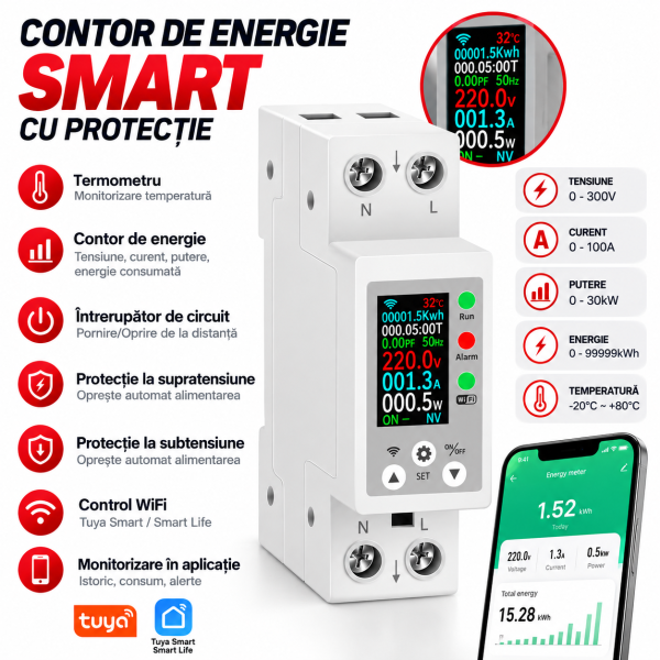 Contor Energie Smart cu Protecție Contor electric si releu de protectie WIFI 40A cu afisaj color, protectie tensiune si curent NOENNO