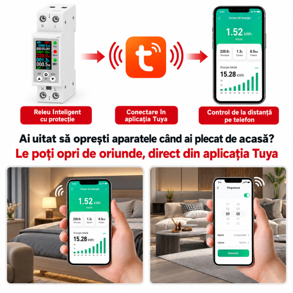 Control inteligent al energiei cu Tuya Contor electric si releu de protectie WIFI 40A cu afisaj color, protectie tensiune si curent NOENNO