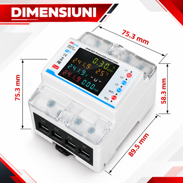DIMENSIUNI Smart Meter Product Diagram Contor de energie smart TUYA, bidirectional, trifazic 3P+N, pentru panouri fotovoltaice 100A