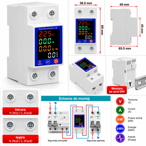 Releu monofazat si contor de energie cu afisaj color NOENNO, 230V/1-63A, reglabil, digital cu multiple protectii