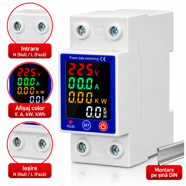 Releu monofazat si contor de energie cu afisaj color NOENNO, 230V/1-63A, reglabil, digital cu multiple protectii