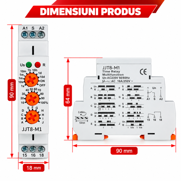 DIN Rail Time Relay Dimensions Releu de timp multifunctional, 10 functii, 0.1s–10 zile, AC 230V, NOENNO