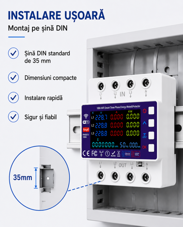 Design fără titlu (1) Releu trifazat smart de protectie bidirectional, supratensiune, suprasarcina si supracurent 3P+N, NOENNO, SINCRON/ASINCRON, digital si color, recuperare automata, 1-100A