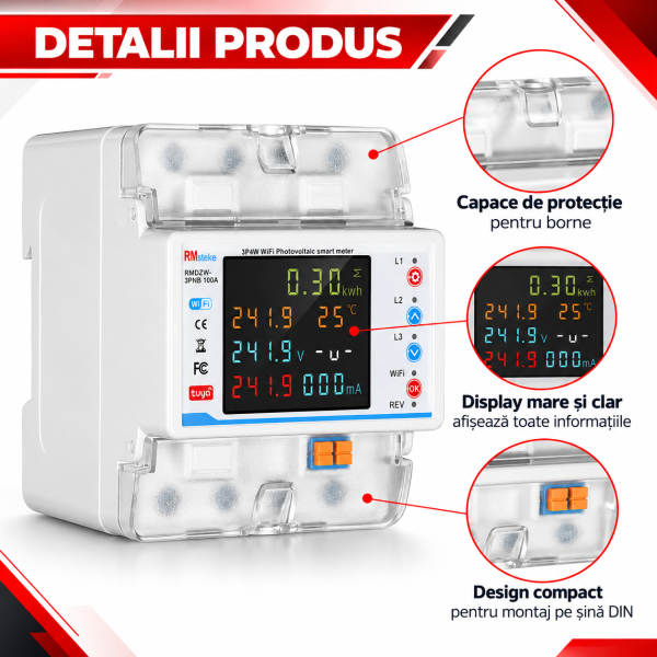 Detalii produs contor smart DIN-rail Contor de energie smart TUYA, bidirectional, trifazic 3P+N, pentru panouri fotovoltaice 100A