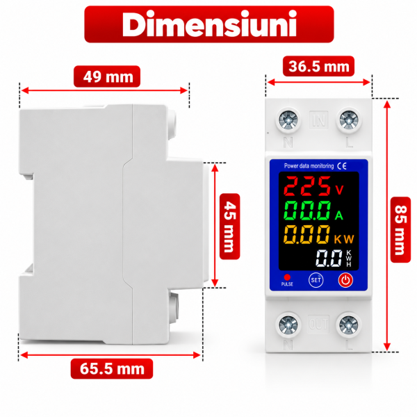 Releu monofazat si contor de energie cu afisaj color NOENNO, 230V/1-63A, reglabil, digital cu multiple protectii