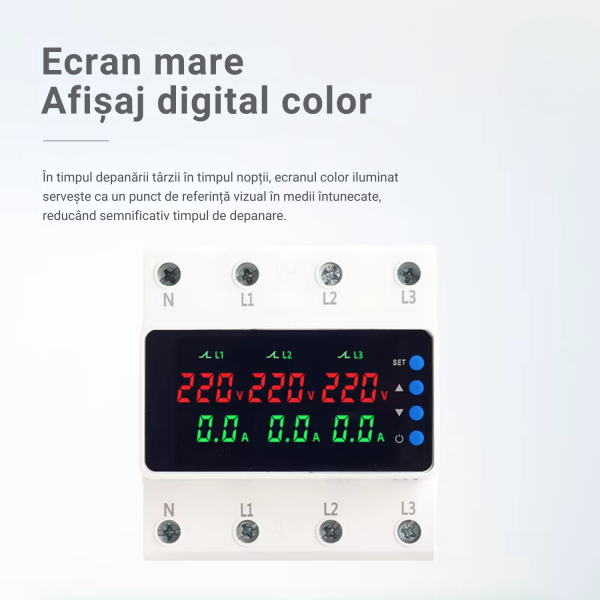 Ecran mare Afișaj digital color Releu de protectie trifazat 3P+N NOENNO, afisaj digital color, supratensiune/ subtensiune/ supracurent, 63A