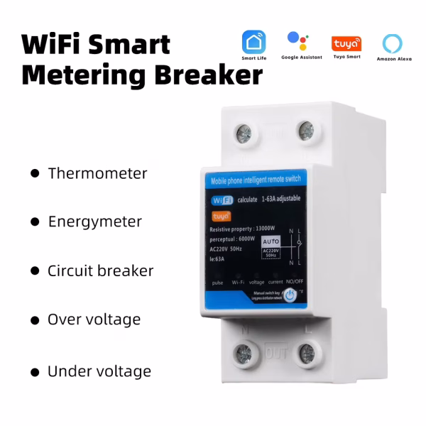 Hae38a099b11f455fa9b1634e526f4a74w Contor de energie Tuya Smart WiFi, releu de protectie supra/subtensiune, protectie scurgeri tensiune reglabil 1-63A monitor energie de mare precizie